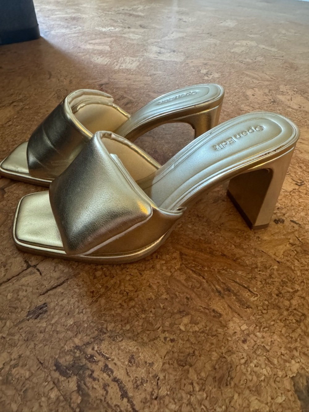 Metallic Gold Block Heel Slide Sandals - Women - Picture 2 of 6